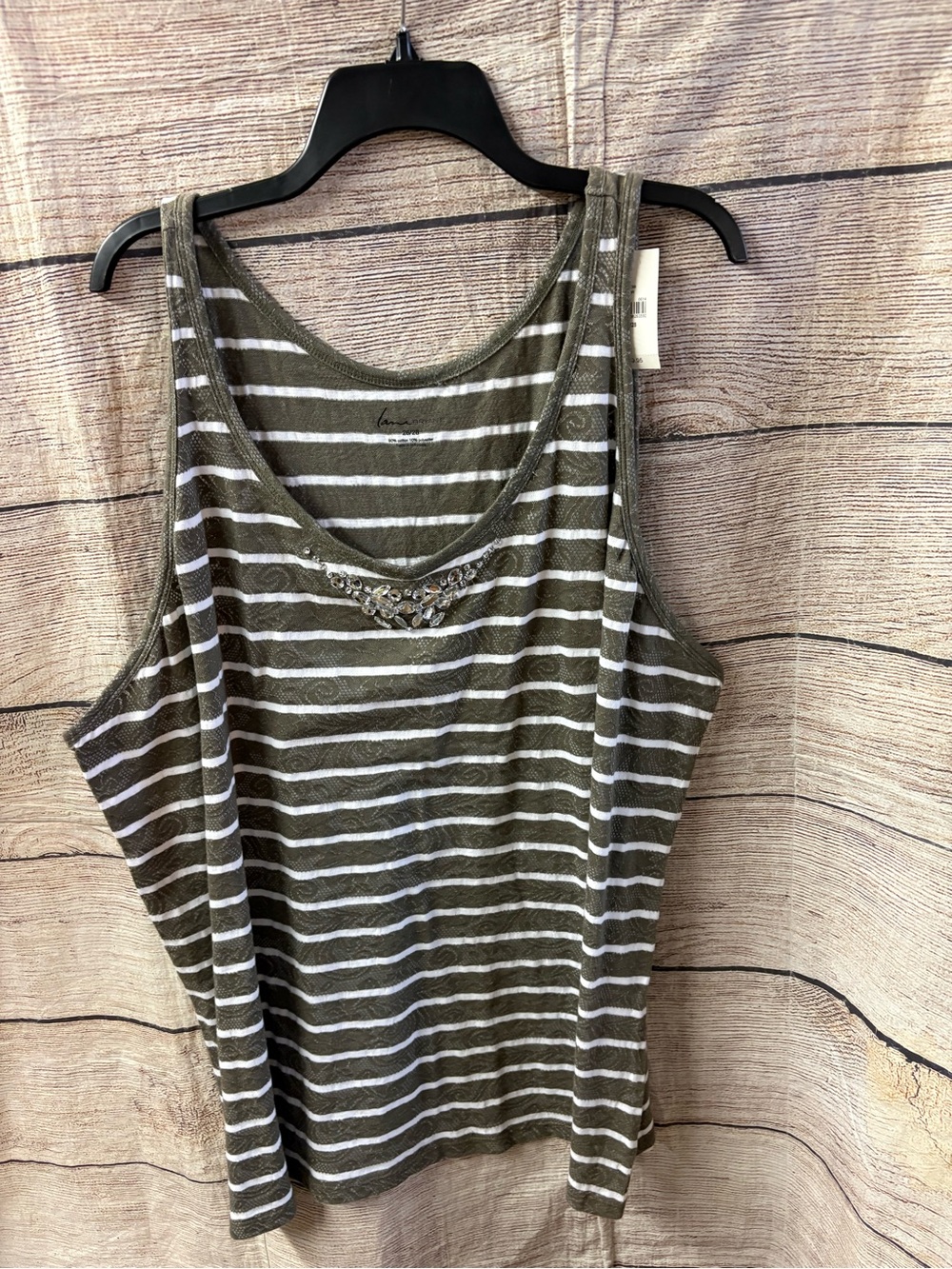 😍 NWT Lane Bryant Striped Olive Green Tank Top with Embellished V-Neck